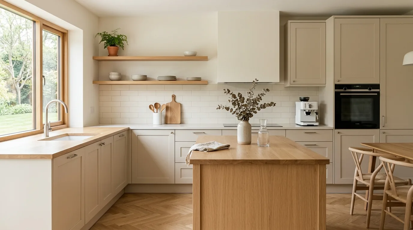 Use brass hardware for a warmer tailored finish inspiration for a beige kitchen.
